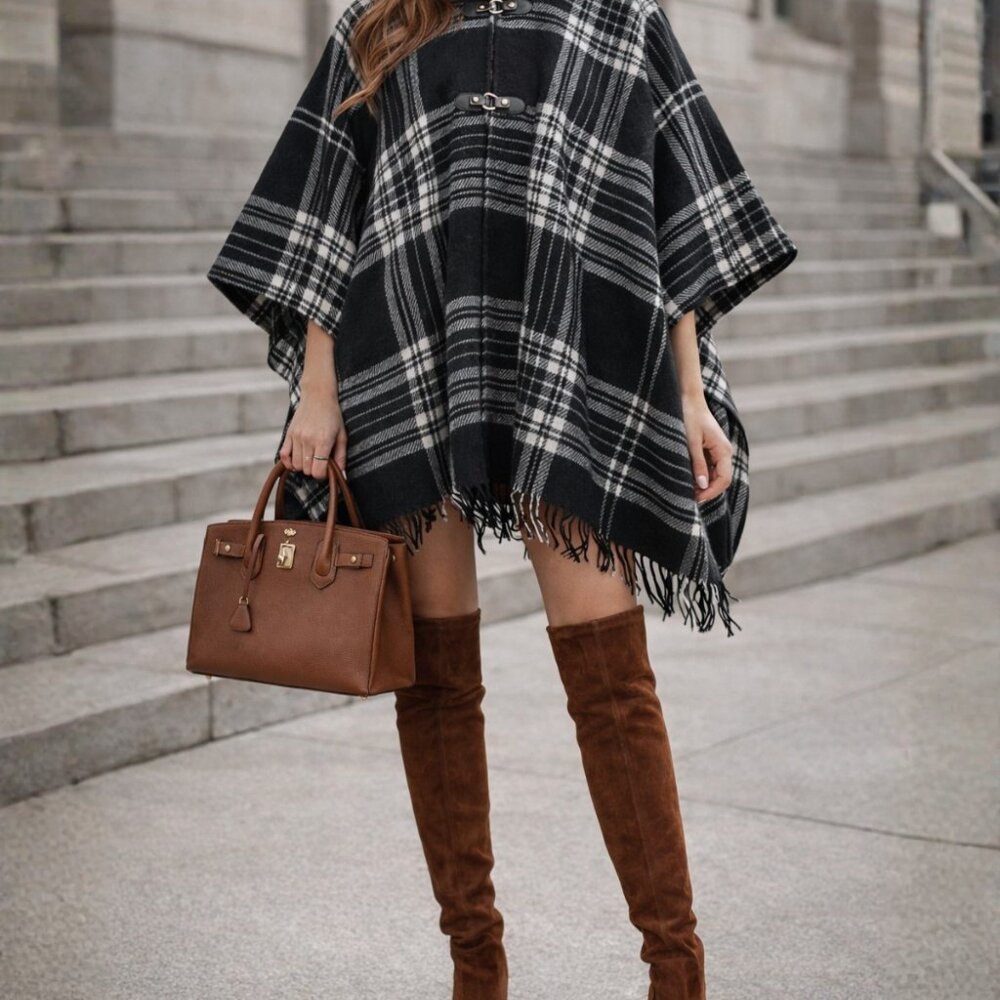 Marc New York Andrew Marc Black Plaid Fringe Poncho Coat OS